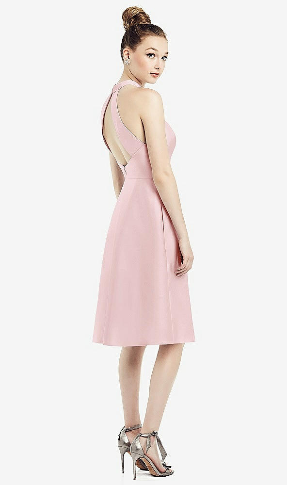 Back View - Ballet Pink High-Neck Open-Back Satin Cocktail Dress