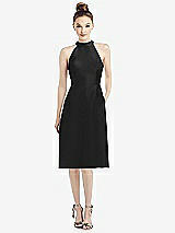 Front View Thumbnail - Black High-Neck Open-Back Satin Cocktail Dress