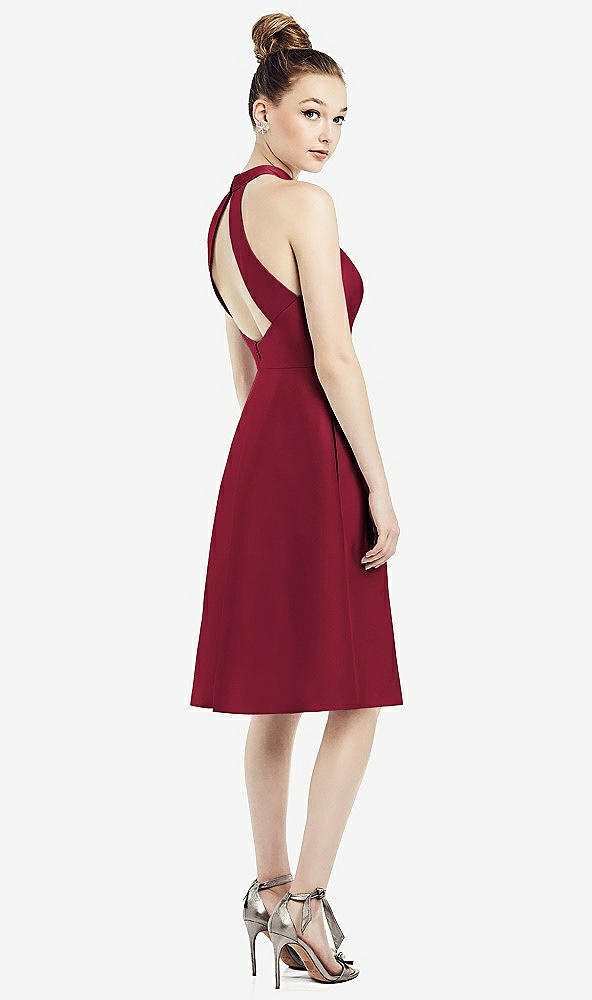 Back View - Burgundy High-Neck Open-Back Satin Cocktail Dress