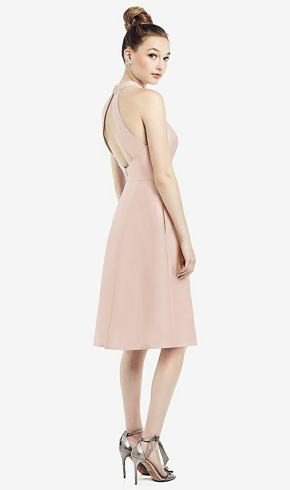 Back View - Cameo High-Neck Open-Back Satin Cocktail Dress