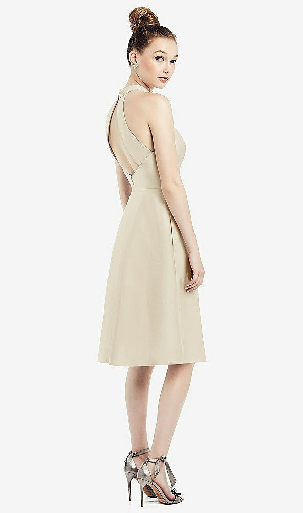Back View - Champagne High-Neck Open-Back Satin Cocktail Dress