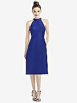 Front View Thumbnail - Cobalt Blue High-Neck Open-Back Satin Cocktail Dress