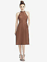 Front View Thumbnail - Cognac High-Neck Open-Back Satin Cocktail Dress