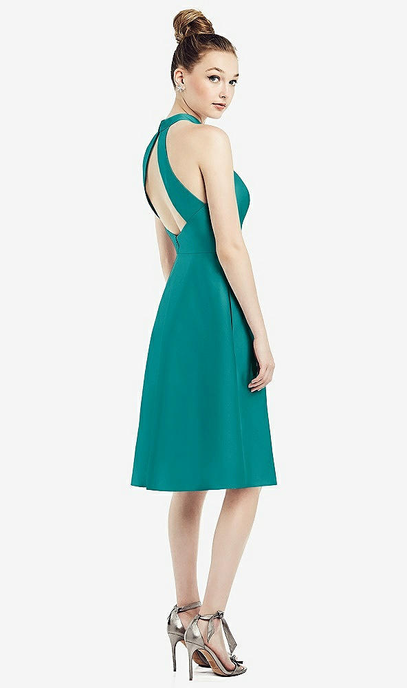 Back View - Jade High-Neck Open-Back Satin Cocktail Dress