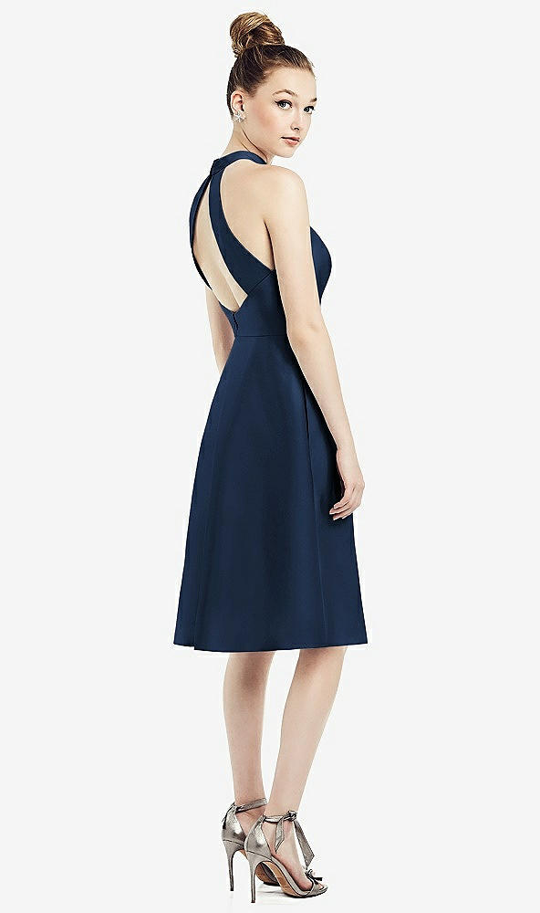Back View - Midnight Navy High-Neck Open-Back Satin Cocktail Dress