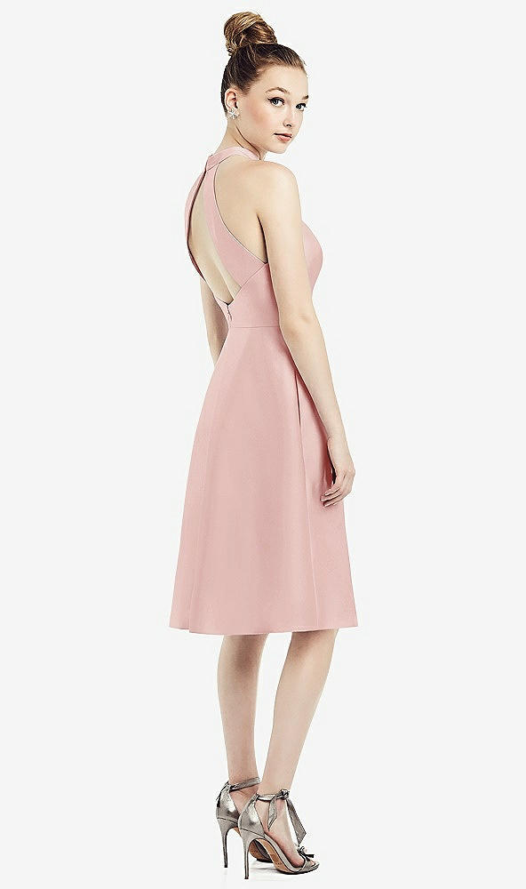 Back View - Rose High-Neck Open-Back Satin Cocktail Dress