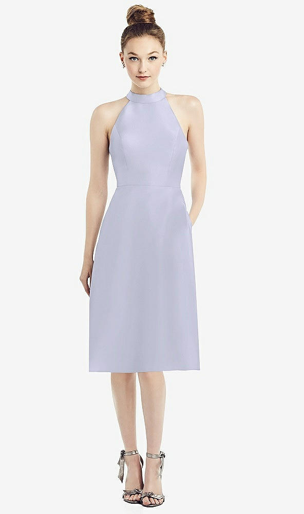 Front View - Silver Dove High-Neck Open-Back Satin Cocktail Dress