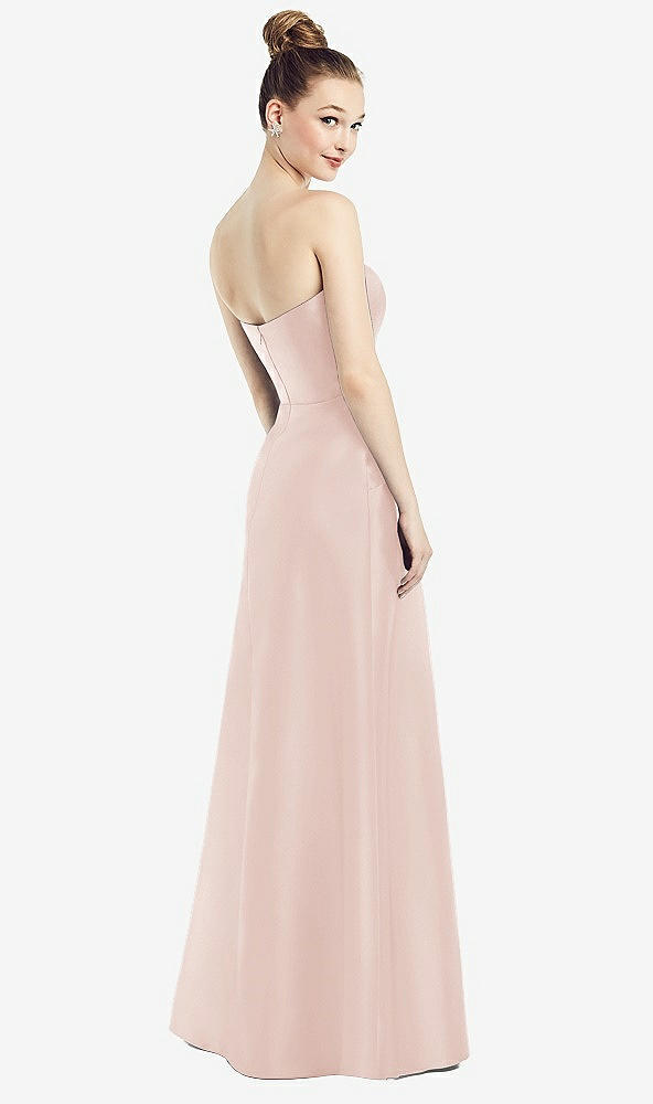 Back View - Blush Strapless Notch Satin Gown with Pockets