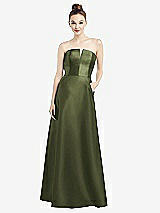 Front View Thumbnail - Olive Green Strapless Notch Satin Gown with Pockets