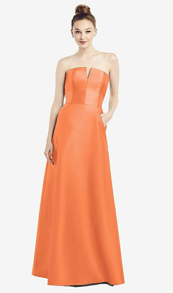 Front View - Portofino Orange Strapless Notch Satin Gown with Pockets