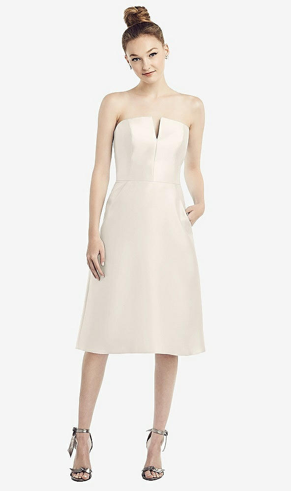 Front View - Ivory Strapless Notch Satin Cocktail Dress with Pockets