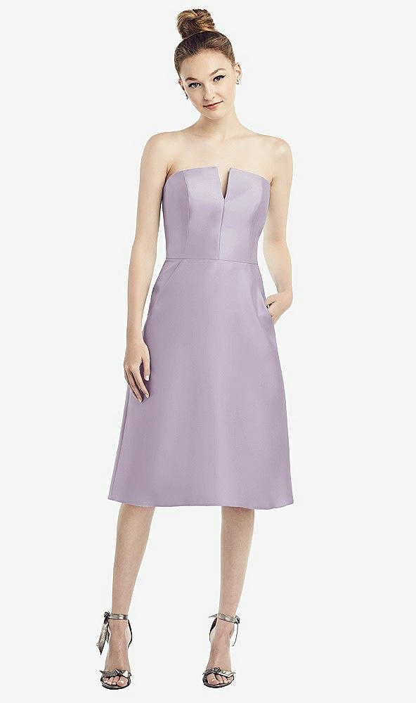 Front View - Lilac Haze Strapless Notch Satin Cocktail Dress with Pockets