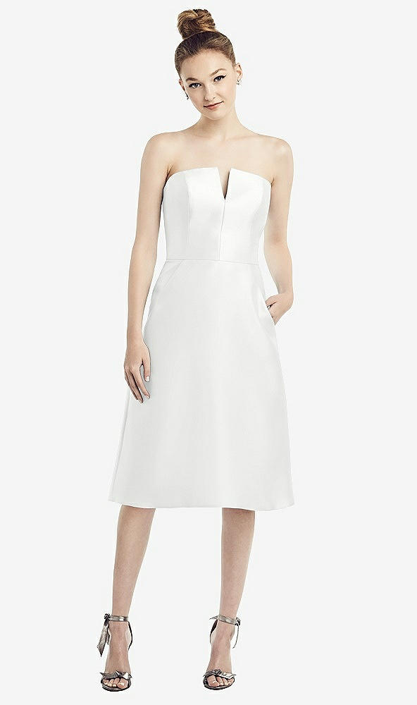 Front View - White Strapless Notch Satin Cocktail Dress with Pockets