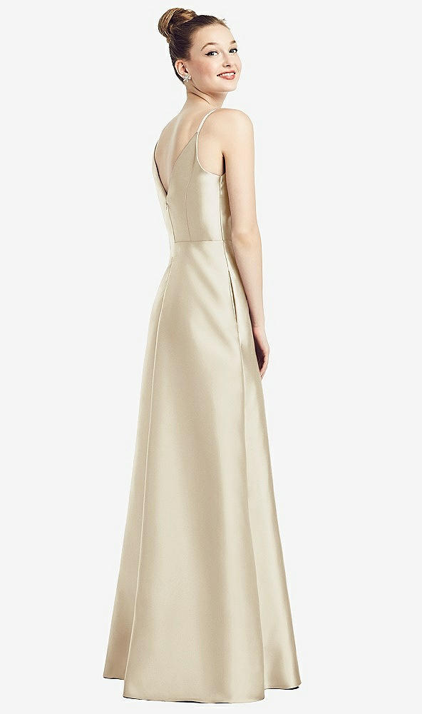 Back View - Champagne Draped Wrap Satin Maxi Dress with Pockets