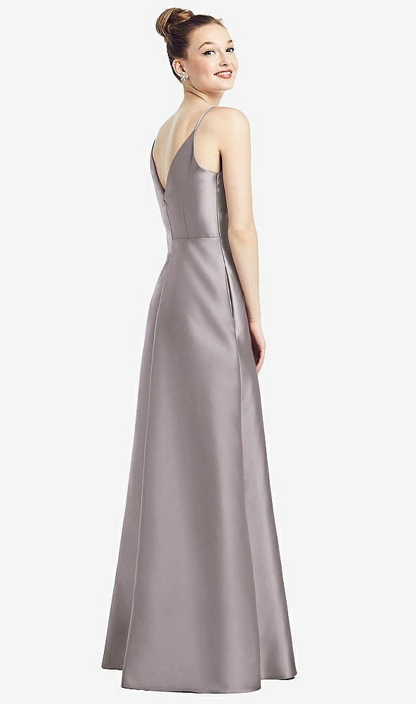 Back View - Cashmere Gray Draped Wrap Satin Maxi Dress with Pockets