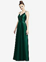 Front View Thumbnail - Hunter Green Draped Wrap Satin Maxi Dress with Pockets