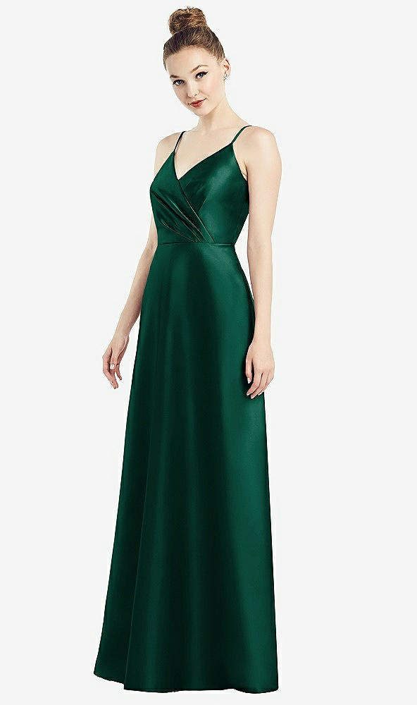 Front View - Hunter Green Draped Wrap Satin Maxi Dress with Pockets