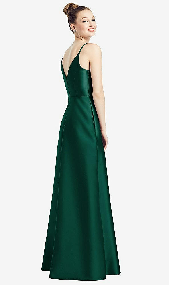 Back View - Hunter Green Draped Wrap Satin Maxi Dress with Pockets