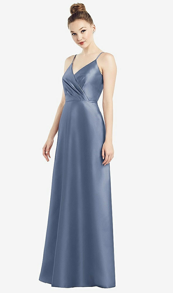 Front View - Larkspur Blue Draped Wrap Satin Maxi Dress with Pockets