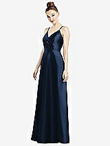 Front View Thumbnail - Midnight Navy Draped Wrap Satin Maxi Dress with Pockets