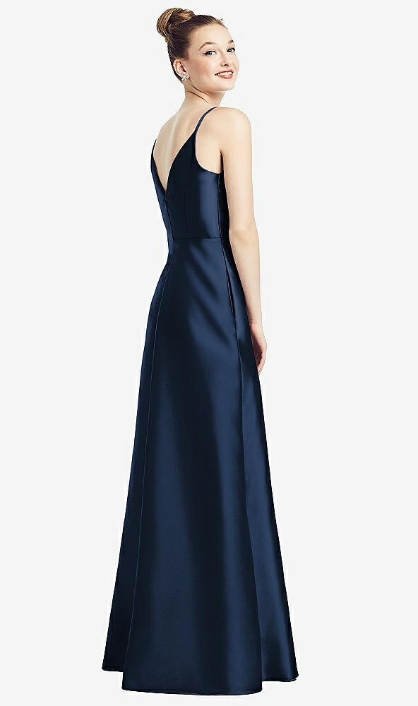Back View - Midnight Navy Draped Wrap Satin Maxi Dress with Pockets