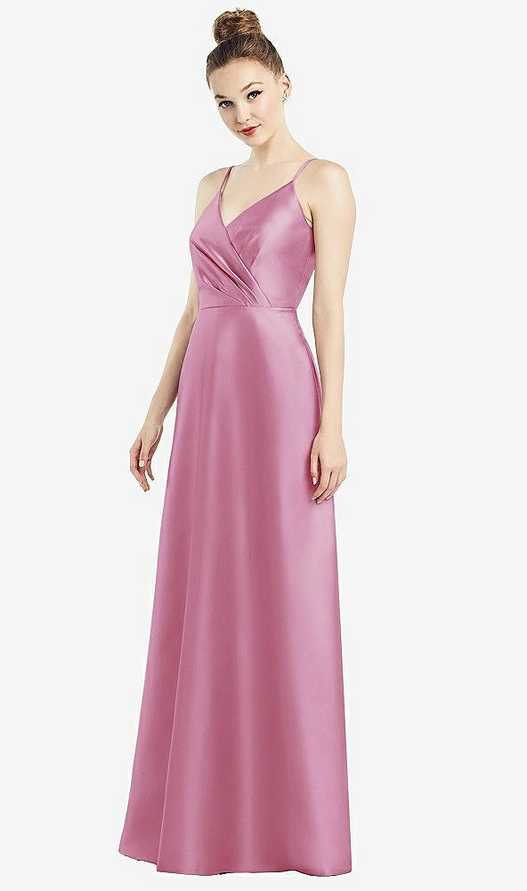 Front View - Powder Pink Draped Wrap Satin Maxi Dress with Pockets