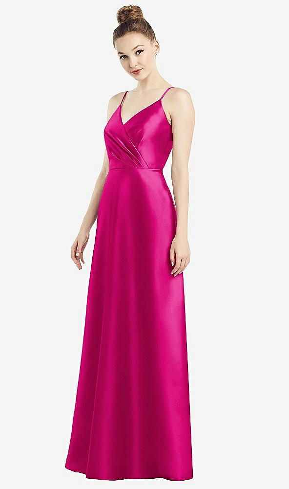 Front View - Think Pink Draped Wrap Satin Maxi Dress with Pockets