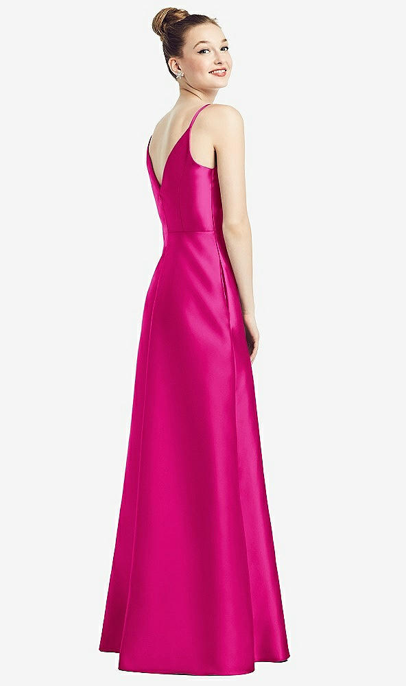 Back View - Think Pink Draped Wrap Satin Maxi Dress with Pockets
