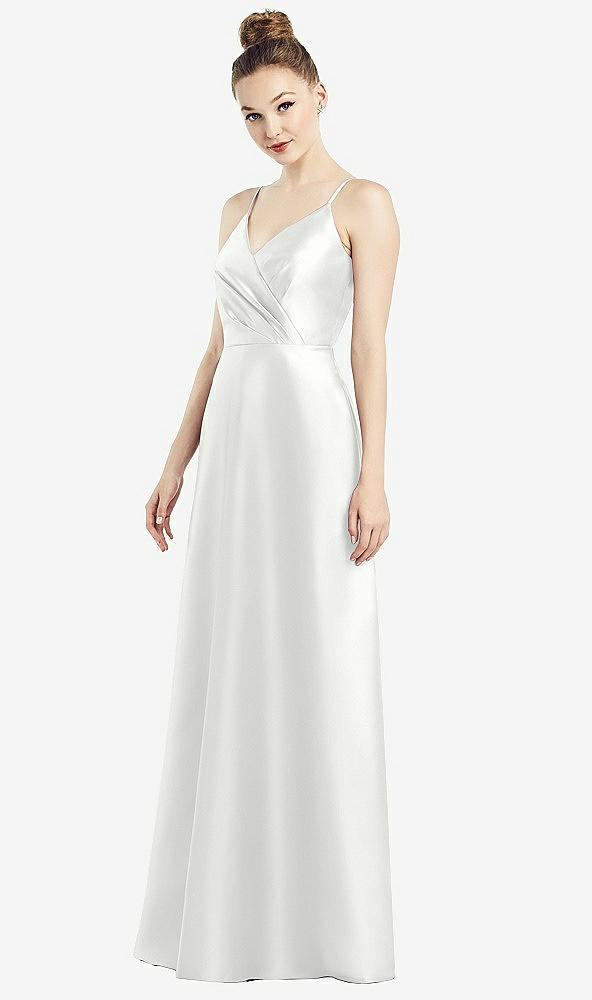 Front View - White Draped Wrap Satin Maxi Dress with Pockets