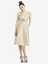 Front View Thumbnail - Champagne Draped Faux Wrap Cocktail Dress with Pockets