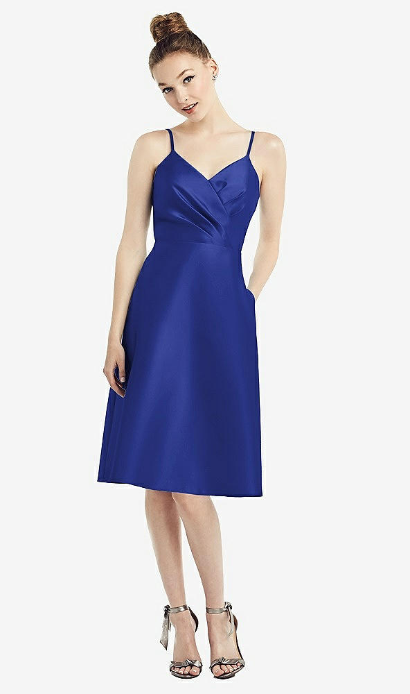 Front View - Cobalt Blue Draped Faux Wrap Cocktail Dress with Pockets
