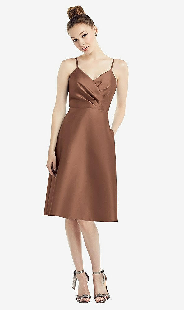 Front View - Cognac Draped Faux Wrap Cocktail Dress with Pockets