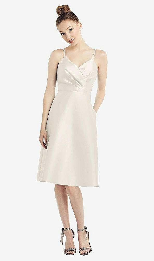 Front View - Ivory Draped Faux Wrap Cocktail Dress with Pockets