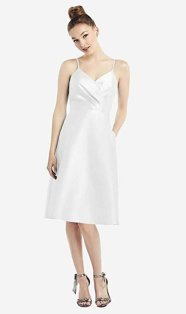 Front View - White Draped Faux Wrap Cocktail Dress with Pockets