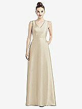Front View Thumbnail - Champagne Sleeveless V-Neck Satin Dress with Pockets