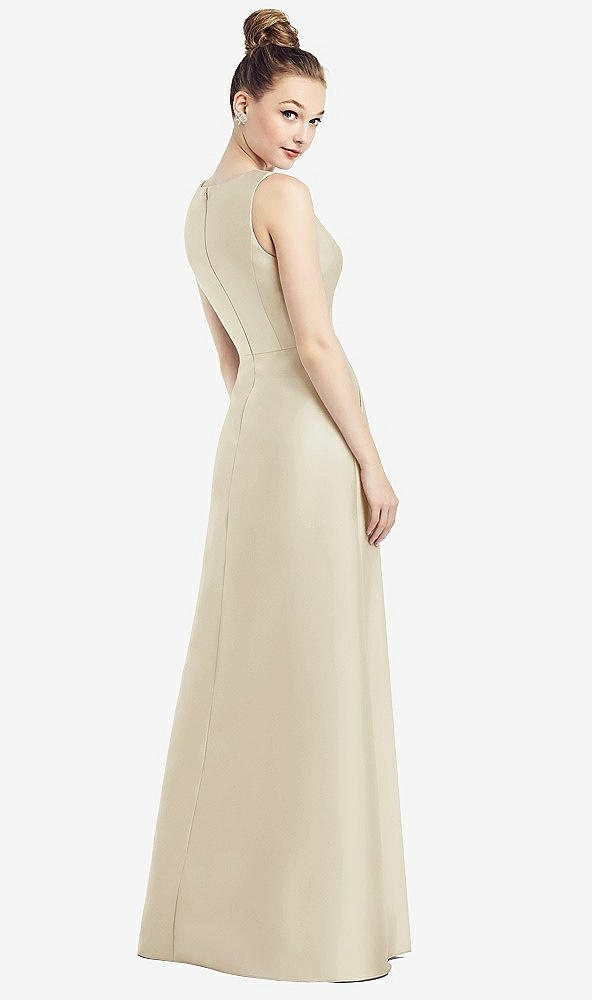 Back View - Champagne Sleeveless V-Neck Satin Dress with Pockets