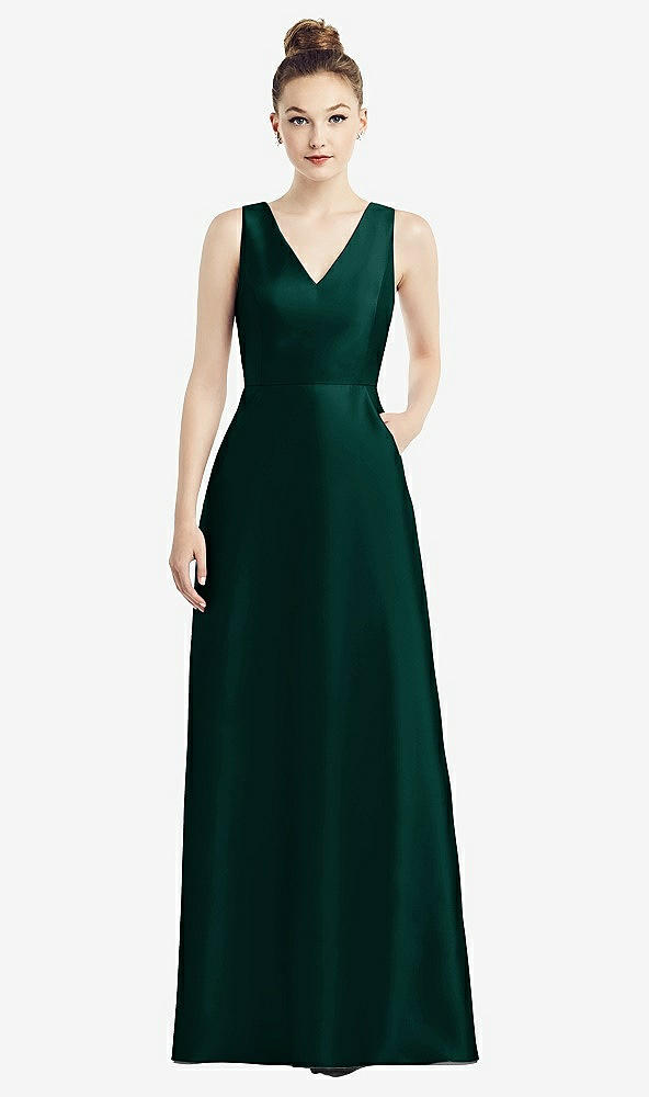 Front View - Evergreen Sleeveless V-Neck Satin Dress with Pockets