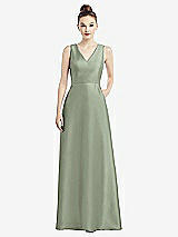 Front View Thumbnail - Sage Sleeveless V-Neck Satin Dress with Pockets