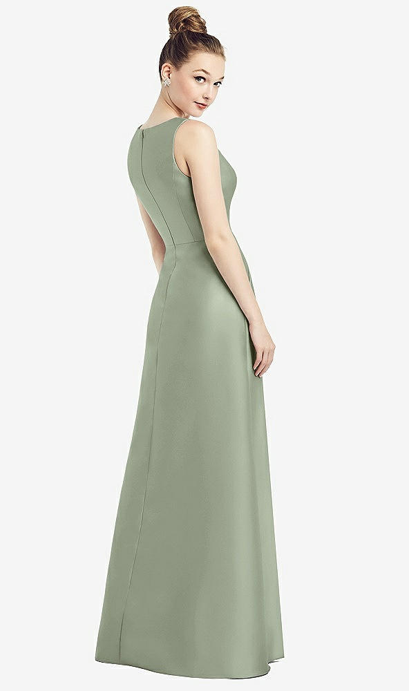 Back View - Sage Sleeveless V-Neck Satin Dress with Pockets