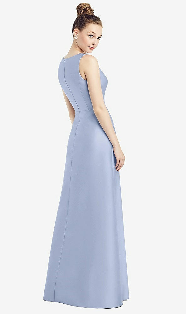 Back View - Sky Blue Sleeveless V-Neck Satin Dress with Pockets