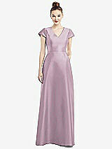 Front View Thumbnail - Suede Rose Cap Sleeve V-Neck Satin Gown with Pockets