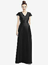 Front View Thumbnail - Black Cap Sleeve V-Neck Satin Gown with Pockets