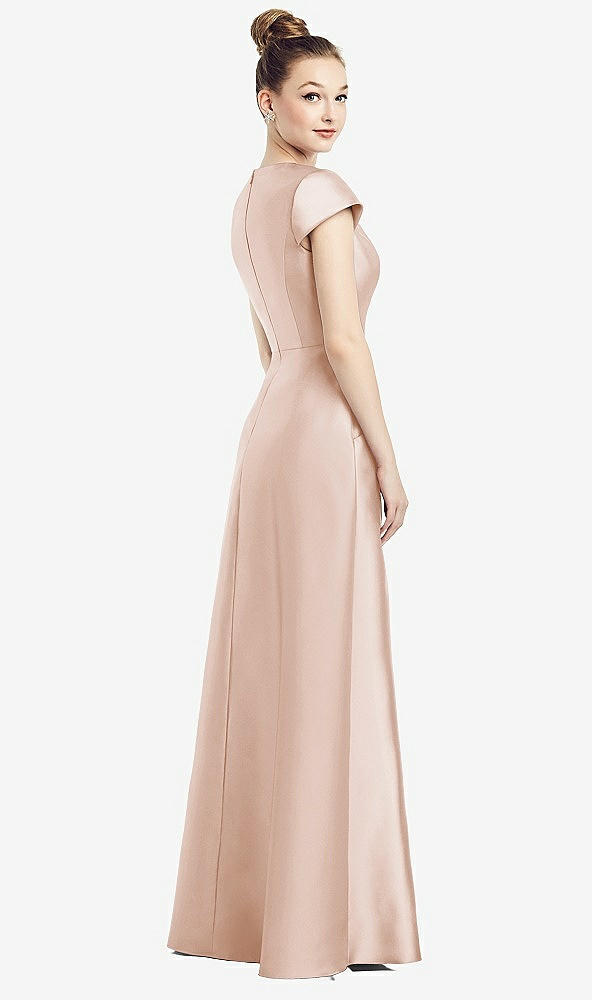 Back View - Cameo Cap Sleeve V-Neck Satin Gown with Pockets