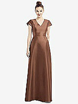 Front View Thumbnail - Cognac Cap Sleeve V-Neck Satin Gown with Pockets