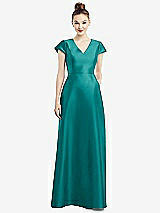 Front View Thumbnail - Jade Cap Sleeve V-Neck Satin Gown with Pockets