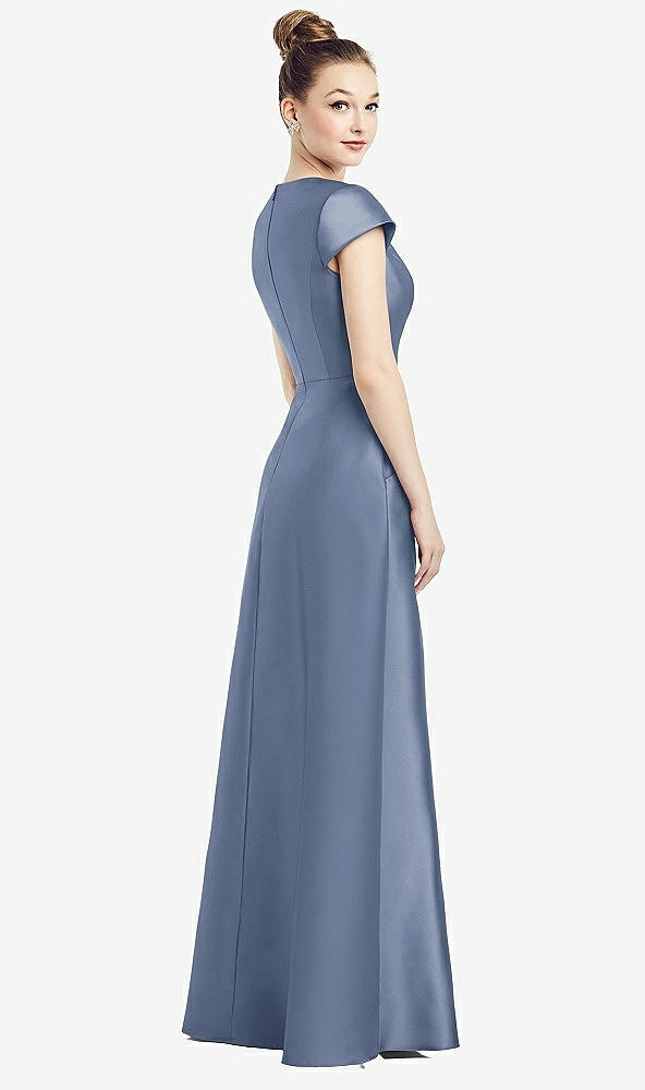 Back View - Larkspur Blue Cap Sleeve V-Neck Satin Gown with Pockets