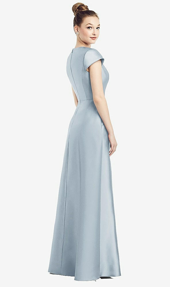 Back View - Mist Cap Sleeve V-Neck Satin Gown with Pockets
