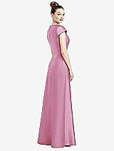 Rear View Thumbnail - Powder Pink Cap Sleeve V-Neck Satin Gown with Pockets