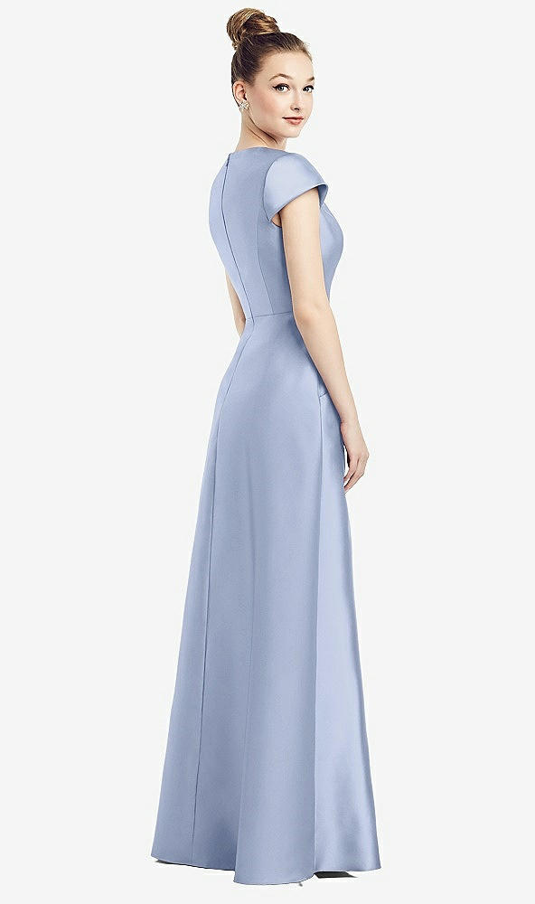 Back View - Sky Blue Cap Sleeve V-Neck Satin Gown with Pockets
