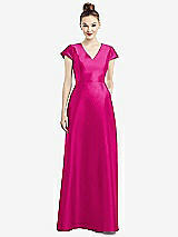 Front View Thumbnail - Think Pink Cap Sleeve V-Neck Satin Gown with Pockets
